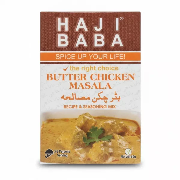Box of Haji Baba Butter Chicken Masala Mix seasoning and recipe