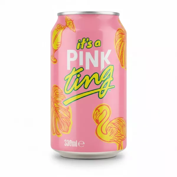 It's a Pink Ting 330ml can with pink background and yellow grapefruit and flamingo graphics