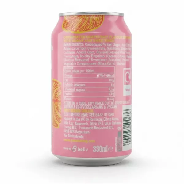 Back view of It's a Pink Ting soda can showing ingredients and nutritional label