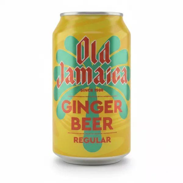 Old Jamaica Ginger Beer Regular 330ml can front view with colourful yellow and green design
