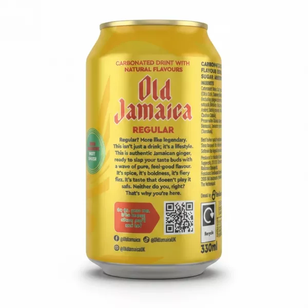 Old Jamaica Ginger Beer Regular 330ml can back view showing product details and social media info