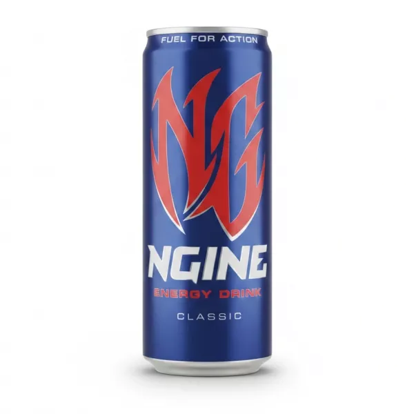 Close-up front view of Engine Classic Energy Drink can showing logo and classic label