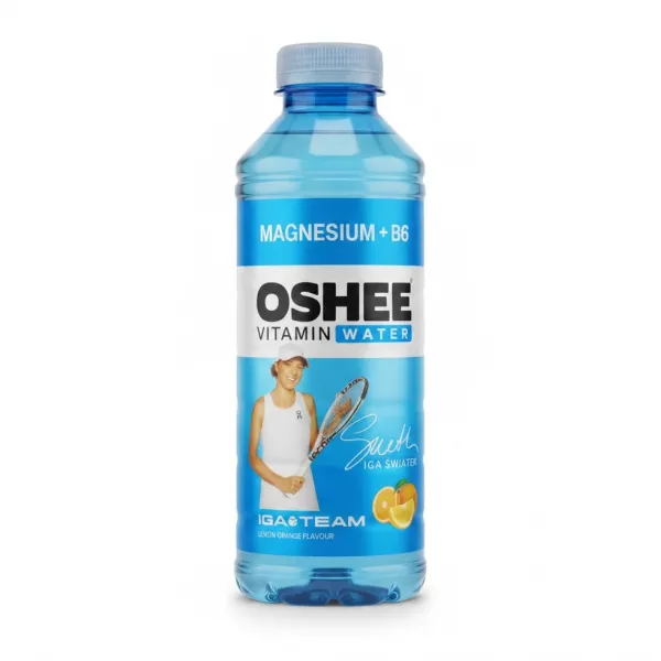 Front view of OSHEE Vitamin Water Magnesium + B6 in lemon-orange flavour 555ml bottle