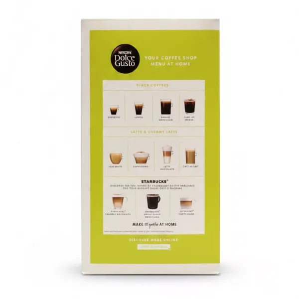 Back of the DeLonghi NESCAFÉ Dolce Gusto Mini Me Coffee Machine box showing coffee types menu
