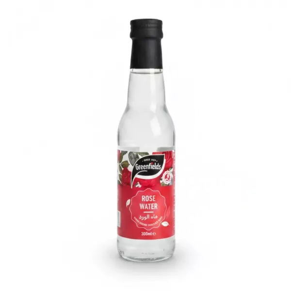 Greenfields Rose Water bottle with red label and black sealed cap