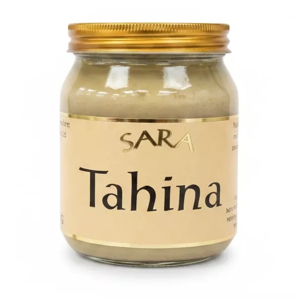 Jar of Sara Tahina sesame paste with golden lid
