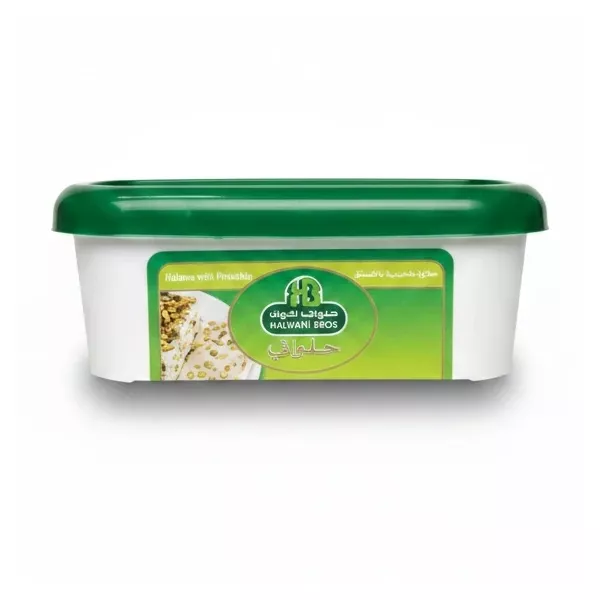 Halwani Bros Halawa with Pistachio tub showing front label