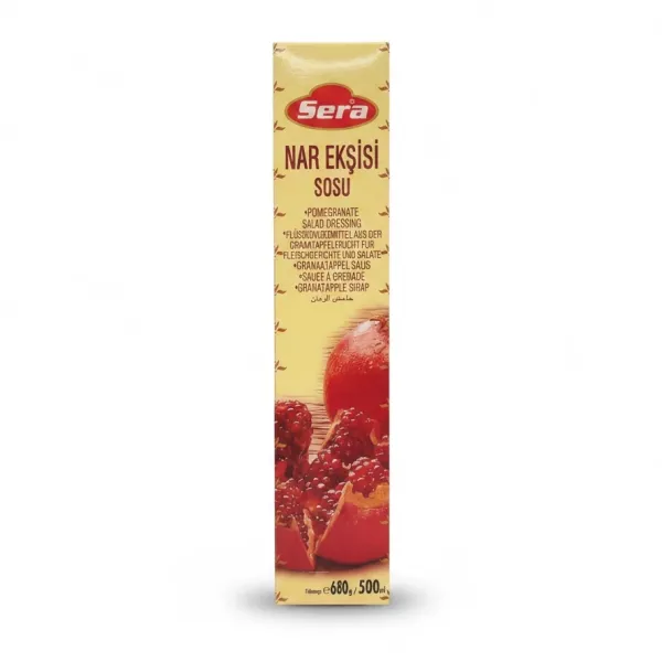 Sera brand pomegranate salad dressing box showing front with pomegranate image