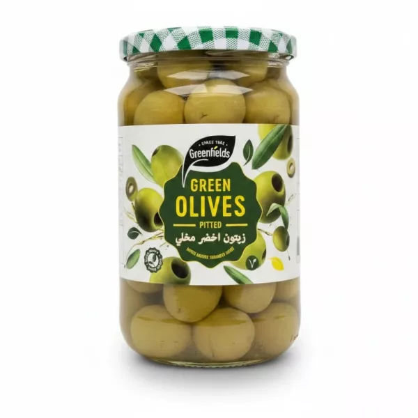 Jar of Greenfields pitted green olives front view