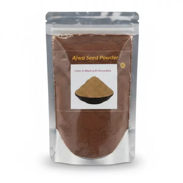 Packaged Halalo Ajwa Seed Powder in a resealable bag