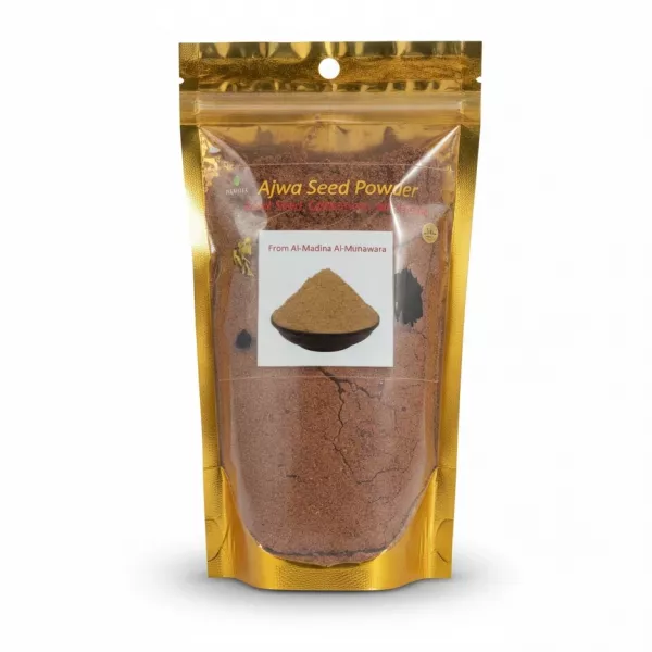 Packaged Ajwa Seed Powder with black seed, cardamom, and cloves mix in resealable bag
