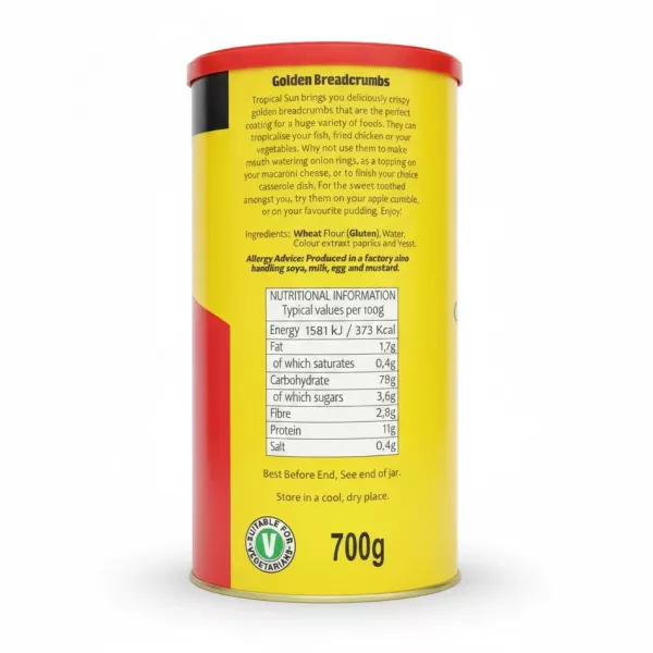 Back of Tropical Sun Golden Breadcrumbs container with ingredients and nutritional information