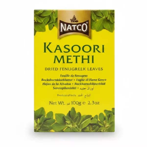 Natco Kasoori Methi dried fenugreek leaves bright yellow pack with green leaves design