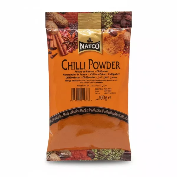Pack of Natco brand chilli powder with bright orange packaging