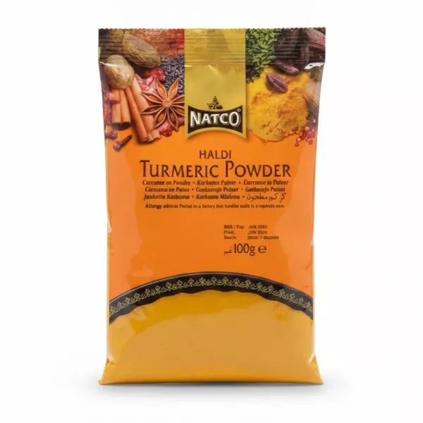 Front pack of Natco Turmeric Powder Haldi with vibrant yellow powder visible