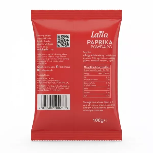 Laila paprika powder 100g pouch back with ingredients and barcode
