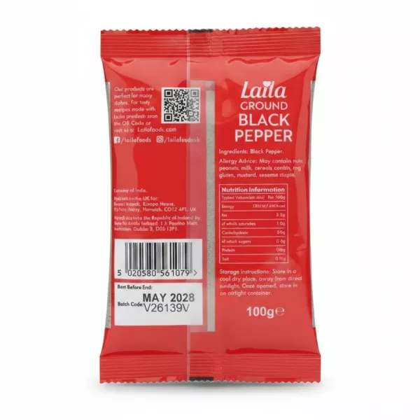 Back view of Laila ground black pepper showing nutrition information and barcode