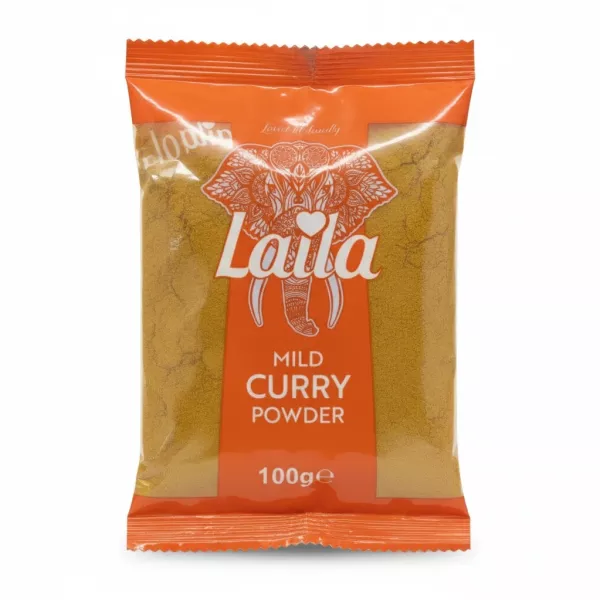 Packet of Laila Mild Curry Powder with orange packaging and elephant logo