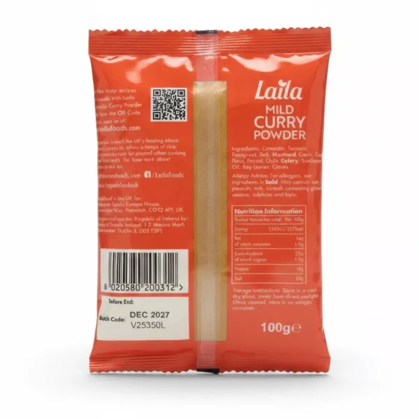 Back of Laila Mild Curry Powder showing ingredients and nutritional information