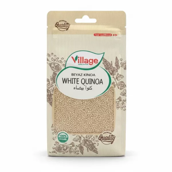 Front view of Village brand white quinoa in a beige resealable bag