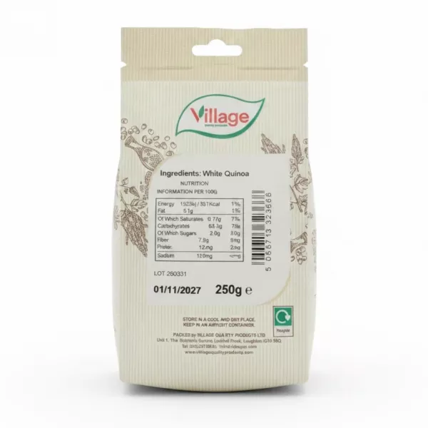 Back view of Village brand white quinoa packaging with nutrition info and barcode