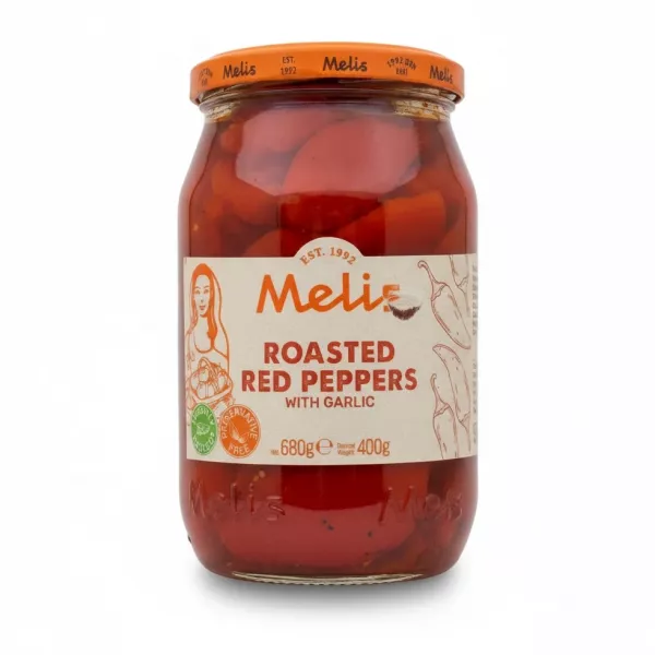 Jar of Melis Roasted Red Peppers with Garlic showing label and contents