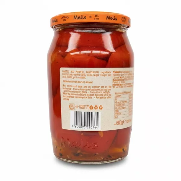 Back view of Melis Roasted Red Peppers jar showing ingredients and barcode