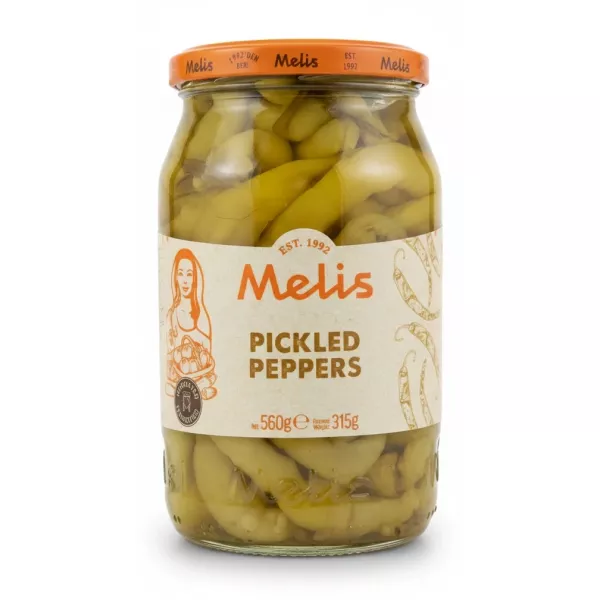 Jar of Melis Pickled Peppers showing label front