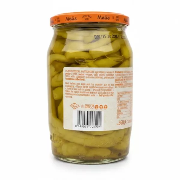 Back label showing ingredients and barcode of Melis Pickled Peppers