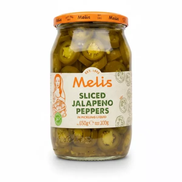 Jar of Melis brand sliced jalapeno peppers in pickling liquid