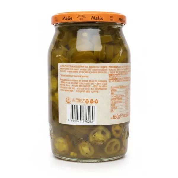 Close-up of Melis sliced jalapeno peppers ingredients and barcode label