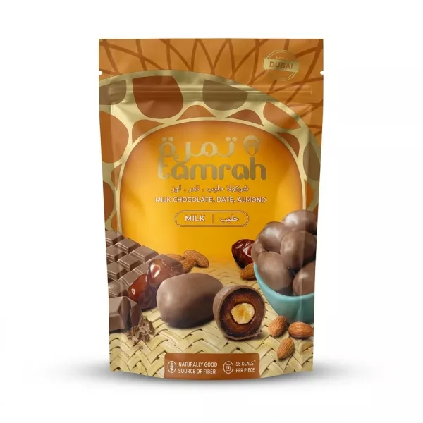 Enhanced Front of Tamrah Milk Chocolate Date Almond pouch showing product design and flavour