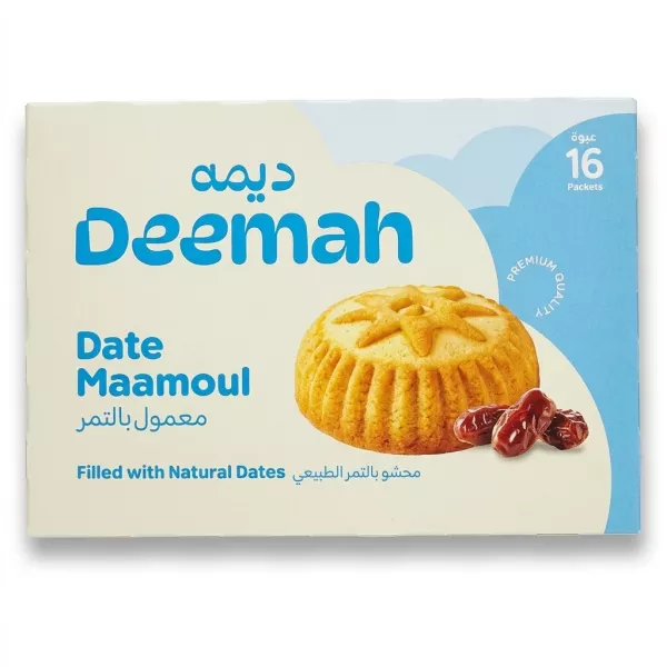 Enhanced Front of Deemah Date Maamoul box showing product and date filling