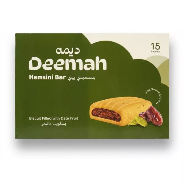 Enhanced Front of Deemah Hemsini Bar Date Biscuit box 15 pack with price label