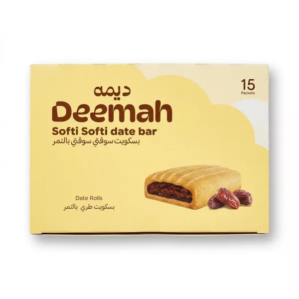 Enhanced Front packaging of Deemah Softi Softi Date Bar 15 pack, yellow box, product image