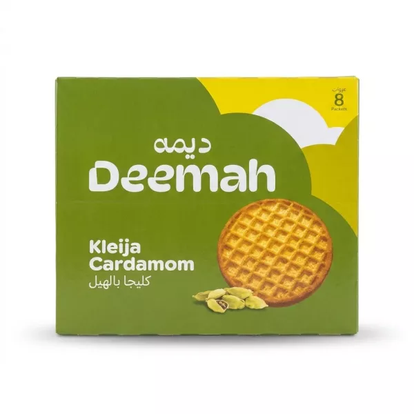 Enhanced Deemah Kleija Cardamom Biscuits box front with cardamom pods and biscuit image