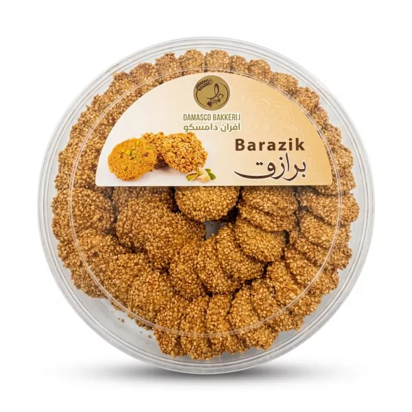 Enhanced Round clear box of Damasco Bakkerij Barazik sesame cookies