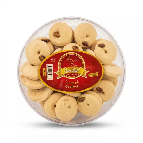 Enhanced Front view of Bon Lait Graibeh Lebanese biscuits in round plastic box