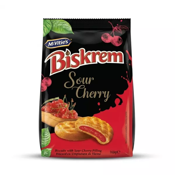 Enhanced Close-up of McVitie's Biskrem Sour Cherry Biscuits showing cherry filling