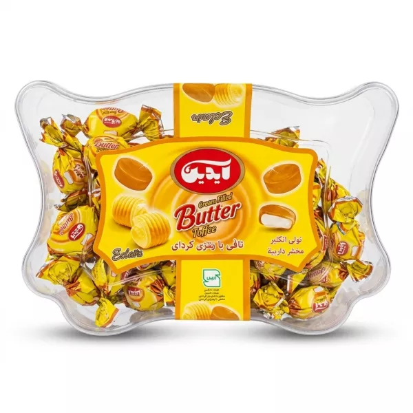 Enhanced Front of Eclairs Cream Filled Butter Toffees tub with yellow wrappers