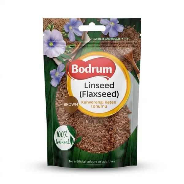 Enhanced Front of Bodrum Brown Linseed Flaxseed resealable pouch, 100% natural