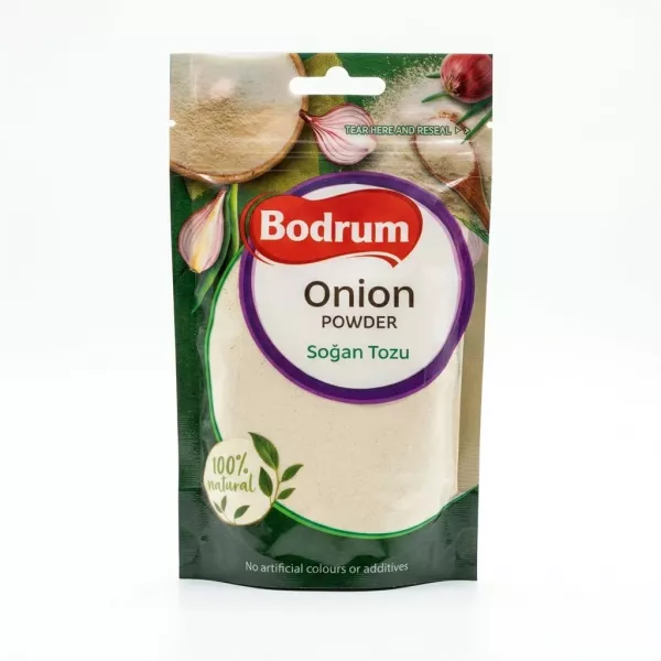 Enhanced Front view of Bodrum Onion Powder 100g pouch with green and white design