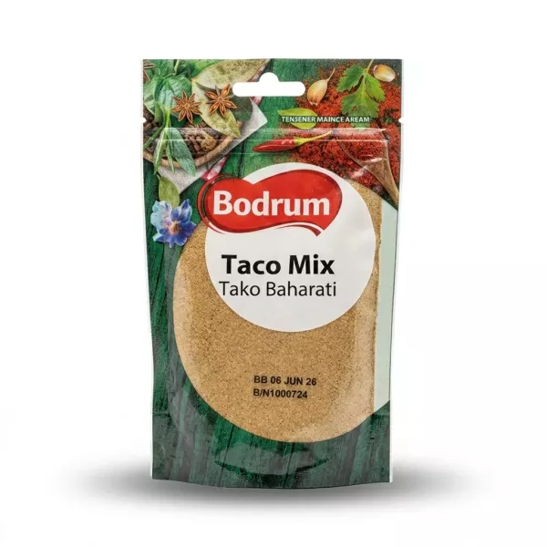 Enhanced Front of Bodrum Taco Mix 100g pouch held in hand