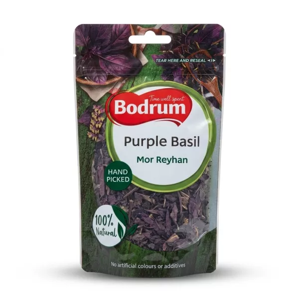 Enhanced Front view of Bodrum Purple Basil Mor Reyhan 25g resealable pouch