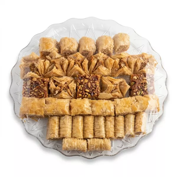 Enhanced Platter of assorted Middle Eastern baklava wrapped for display
