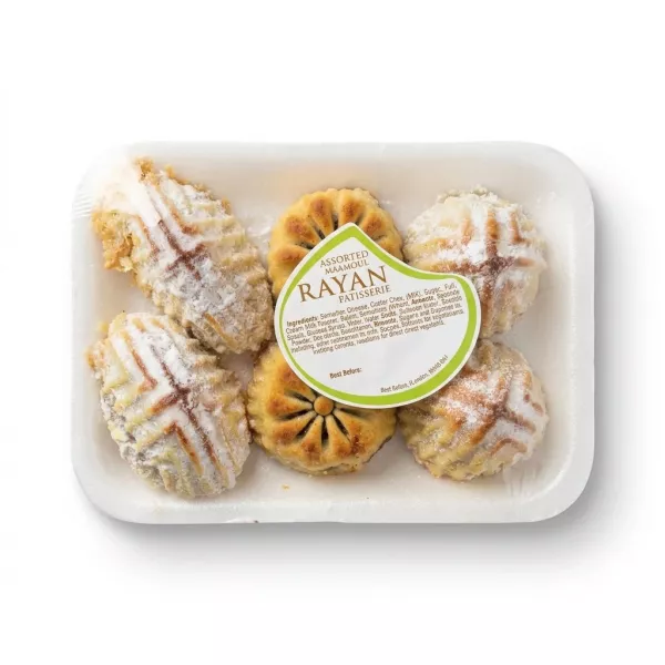 Enhanced Tray of Rayan assorted Maamoul pastries in packaging with label