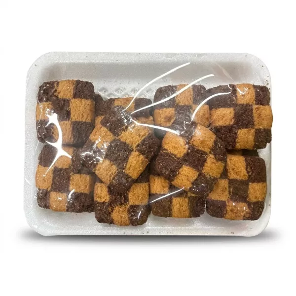 Enhanced Tray of checkerboard chocolate and vanilla biscuits wrapped in plastic