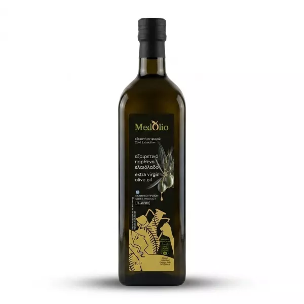 Enhanced Front of MedOlio Extra Virgin Olive Oil 1L bottle showing label and offer price