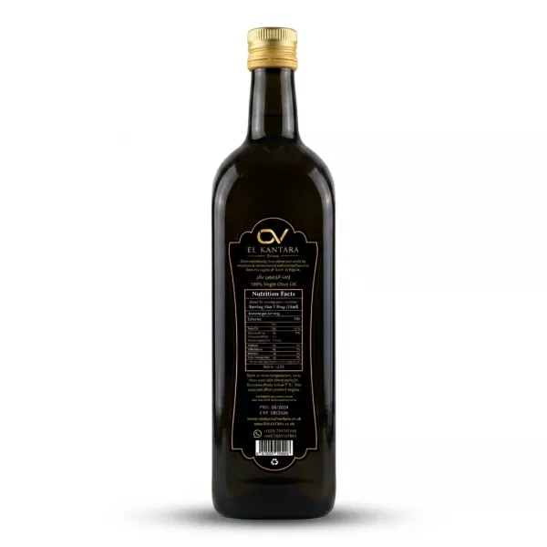 Enhanced Back of El Kantara Virgin Olive Oil bottle displaying nutrition facts