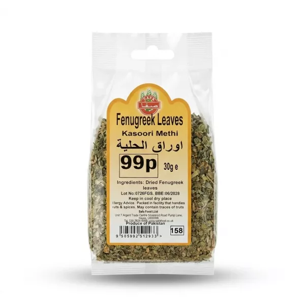 Enhanced Safa Fenugreek Leaves Kasoori Methi 30g pack held in a shop aisle